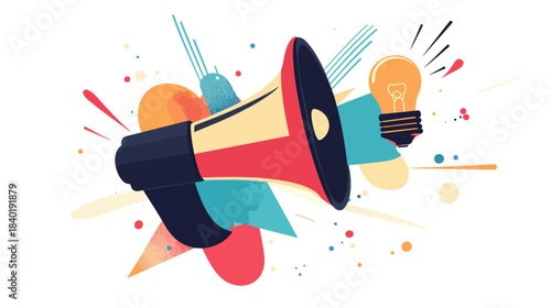 Colorful illustration of a megaphone with lightbulb ideas