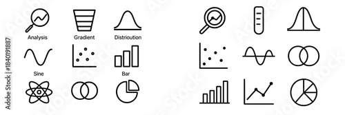 Essential data analysis icons set with bar charts, scatter plots, distribution curves, and math symbols