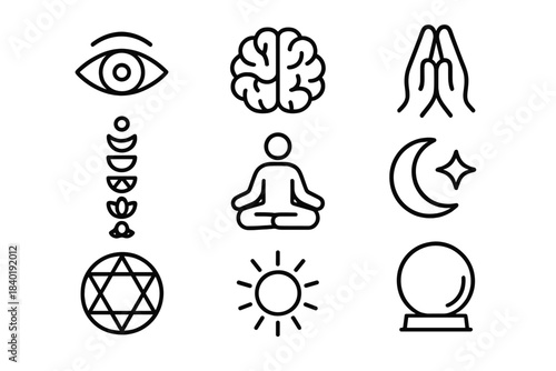 Spiritual and Esoteric Symbols featuring Meditation, Mind, Third Eye, and Celestial Elements