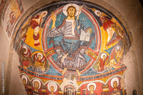 Apse of Sant Climent de Taüll, Romanesque painting of the mural decoration set of the church of San Climent de Taüll in Boí Valley, MNAC, Barcelona, ​​Catalonia, Spain