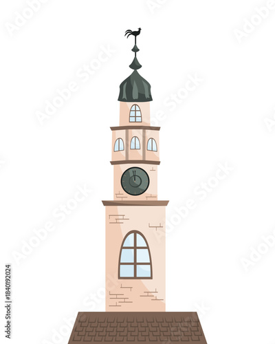 Old city hall tower. Vector isolated illustration