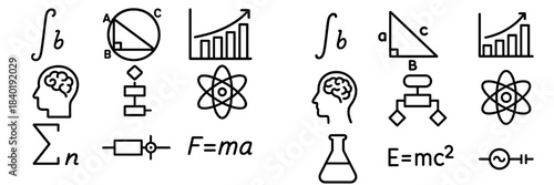 Essential outline symbols for science, math, physics, engineering, and education concepts
