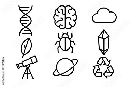 Science and nature outline icons set including genetics, ecology, and astronomy symbols