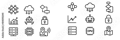 Technology and data symbols for cloud computing, artificial intelligence, security, and business analytics