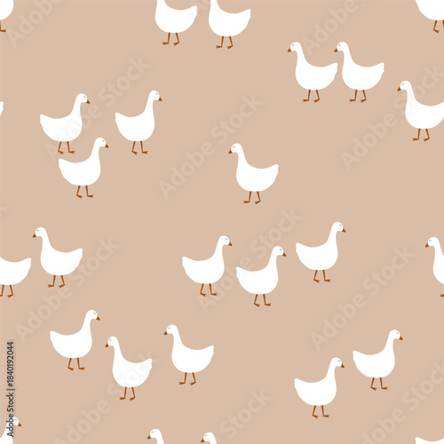 Vector seamless pattern with cute geese on beige background. Beautiful design for baby prints. Vector illustration