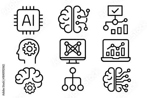 Technology outline icons set for Artificial Intelligence, Machine Learning, and Data Science concepts
