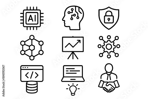 Essential line icons for artificial intelligence, data analysis, cybersecurity, and business partnership