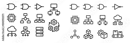 Essential technology icons featuring logic gates, network diagrams, and data processing symbols