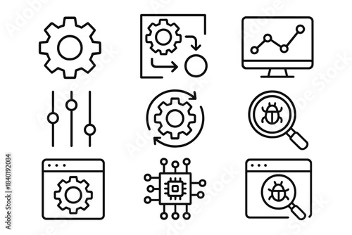 Outline icons set for software development, settings, debugging, and data analysis