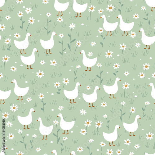 Vector seamless pattern with cute geese in the daisy flower grass. Beautiful background design for baby prints. Vector illustration