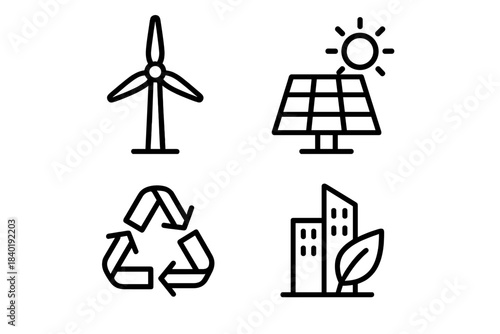 Symbols for renewable energy, recycling, and sustainable urban development