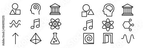 Outline symbols representing science, education, art, and abstract concepts for web design