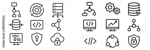 Set of essential technology icons featuring database, server, coding, security, workflow, and cloud concepts