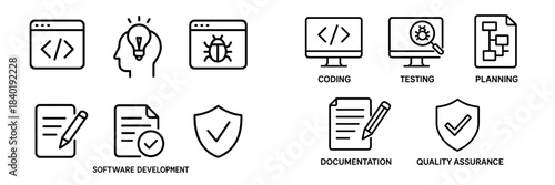 Software development lifecycle process icon set covering coding testing planning documentation and quality assurance