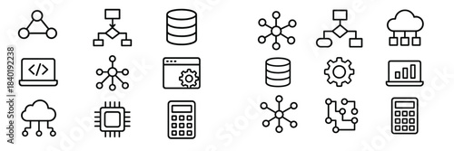 Essential technology icons collection for data, networking, programming, and computing