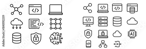 Line symbols for technology, data processing, web development, and digital security