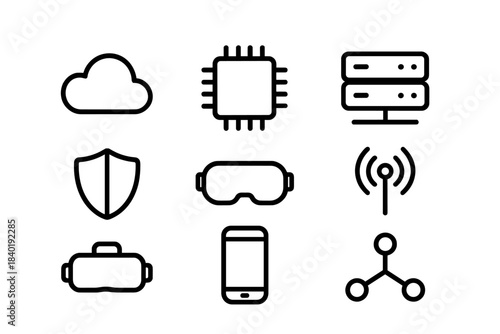 Essential technology icons representing cloud computing, data security, virtual reality, and networking concepts