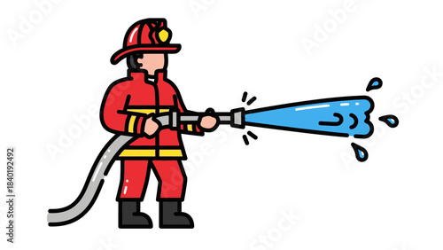 Firefighter in uniform using a hose to spray water, with splashes visible, in an emergency scenario