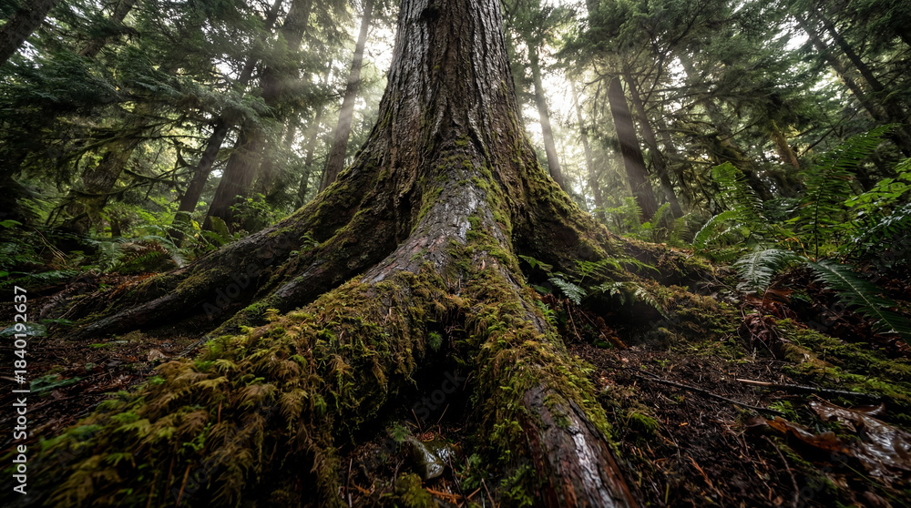 Fototapeta premium Massive old growth tree roots covered in vibrant green moss deep dark foggy temperate rainforest