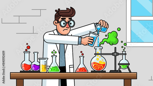 Scientist conducting colorful experiments in a laboratory with various glassware and reactions