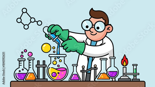 Scientist in a lab mixing colorful liquids in glassware while conducting experiments