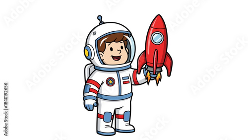 Cheerful child astronaut holding a red rocket toy, set against a simple white background