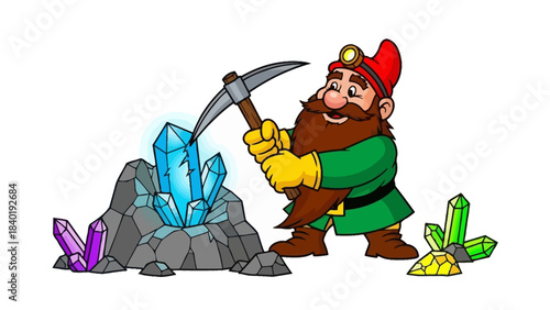 Cartoon dwarf mining crystals with a pickaxe, colorful gems scattered around, vibrant background