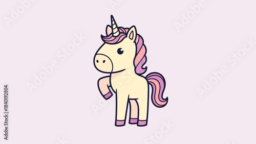 Cute cartoon unicorn with pink mane and horn, set against a pastel background, ideal for children's themes