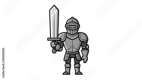 Cartoon knight character holding a sword, ready for battle in a minimalistic background