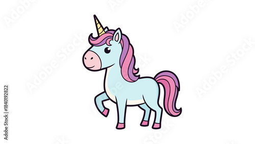 Colorful cartoon unicorn with a pink mane prancing playfully on a white background