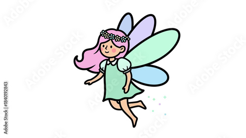 Whimsical fairy character with colorful wings dancing joyfully in a magical setting