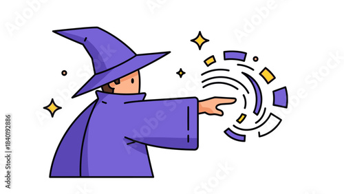 A wizard in a purple cloak casting a spell with magical symbols swirling around