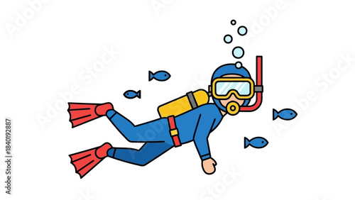 Scuba diver exploring underwater with fish, bubbles, and vibrant marine life in background