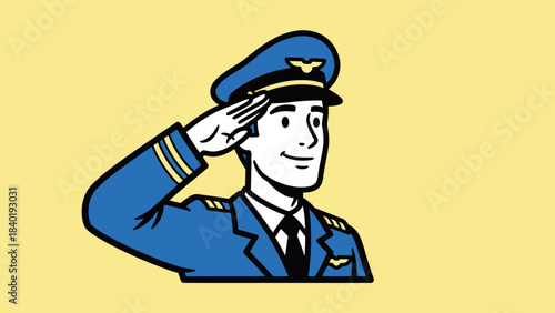 Cheerful pilot saluting against a bright yellow background, symbolizing aviation pride and service