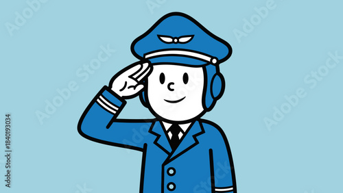Cartoon pilot saluting against a light blue background, representing aviation and professionalism