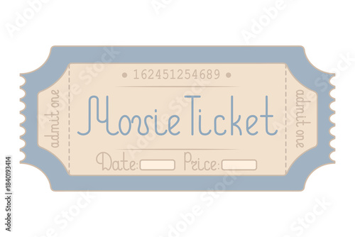 Movie. Blue ticket admit one. Date and price are indicated. Handwritten lettering with a capital letter. Color vector illustration. Tear-off ticket with a number. Isolated on white background. 
