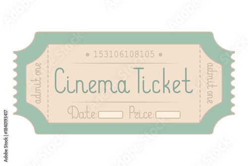 Cinema. Green ticket admit one. Date and price are indicated. Handwritten lettering with a capital letter. Color vector illustration. Tear-off ticket with a number. Isolated on white background. 