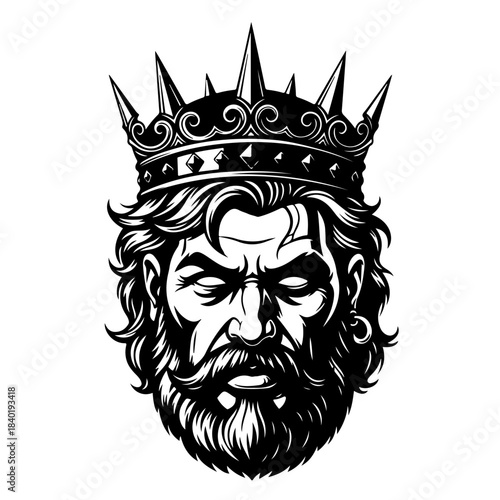 A detailed black and white illustration of a king's face with a spiky crown and a full beard.