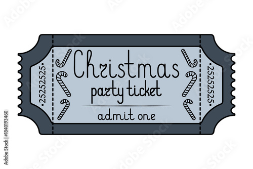 Christmas party ticket admit one. Candy cane. Blue coupon. Handwritten lettering. Color vector illustration. Tear-off ticket with a serial number. Isolated on white background. 