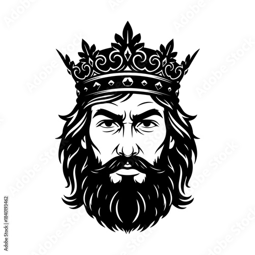 A striking black and white illustration of a king's face wearing an ornate crown, featuring a full beard and intense eyes.