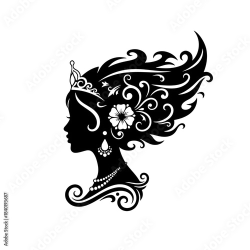 Silhouette of a regal woman with an ornate crown and flowing, decorative hair adorned with a flower and jewelry.