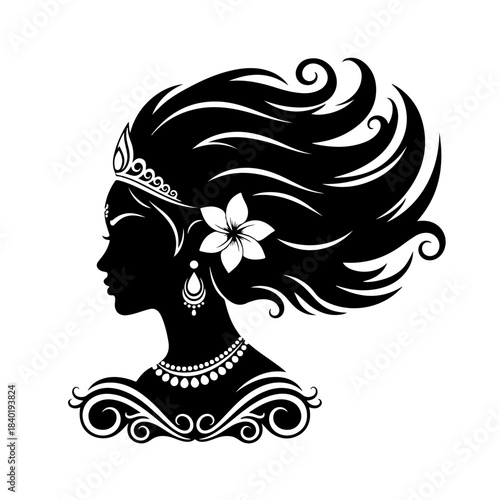 Silhouette of a regal woman with elaborate hairstyle and jewelry, adorned with a flower and tiara.