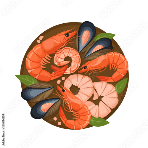 Colorful seafood platter featuring shrimp and mussels