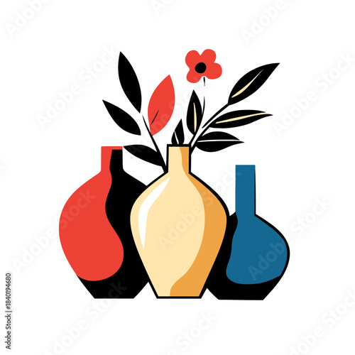 Colorful vases with flowers and leaves in design
