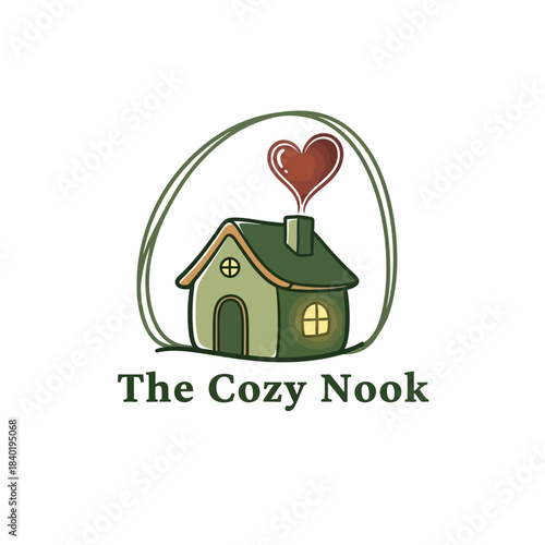 Cozy green house with heart-shaped smoke in background