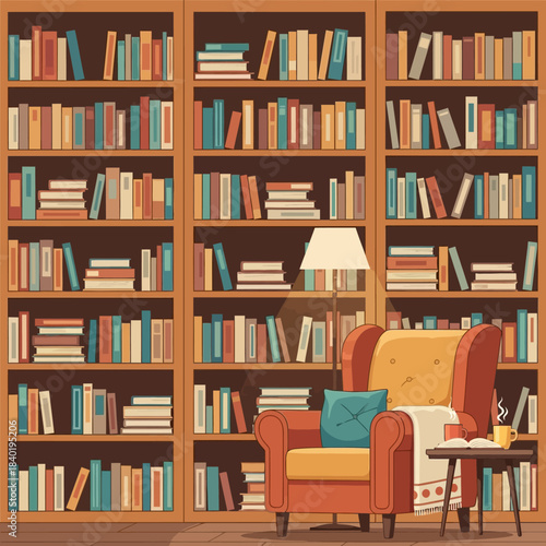 Cozy reading nook with bookshelves and warm lighting