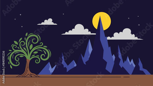 Stunning stylized tree of life stands resilient under a brilliant yellow moonlit night sky above jagged blue mountains