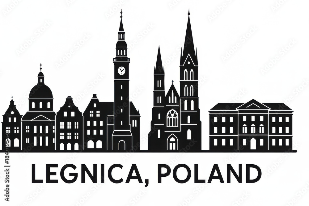 Fototapeta premium Legnica. Poland Panorama.black and white logo illustration