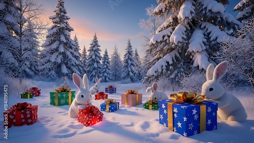 White Rabbits Enjoying Gifts in a Snowy Forest
