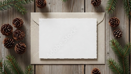 Blank Card on Wooden Table with Pine Branches